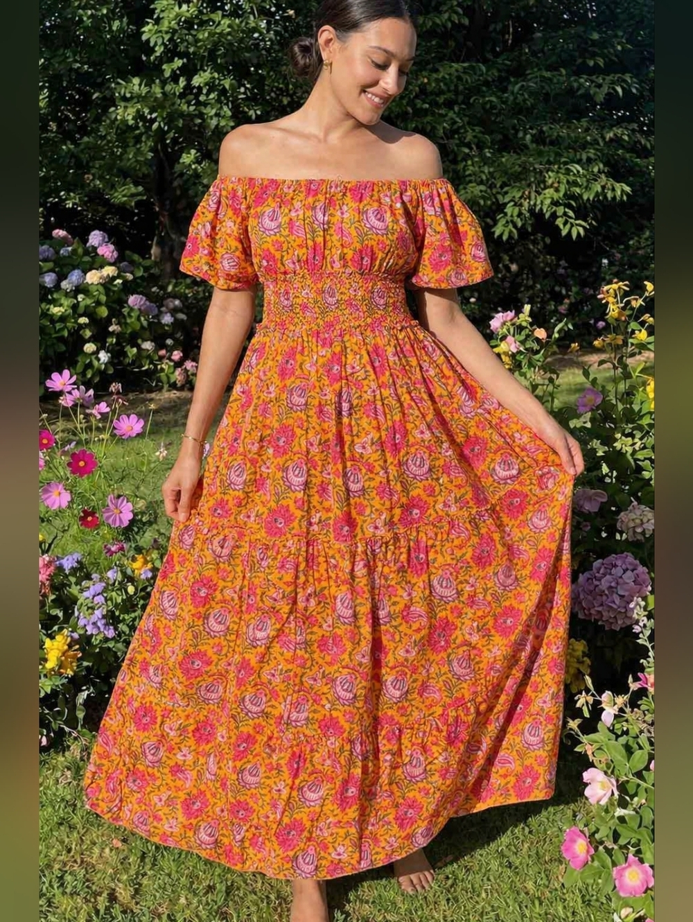 NWT PINK CITY PRINTS Spanish Rah Rah in 70s Jal Floral Cotton Midi Dress L